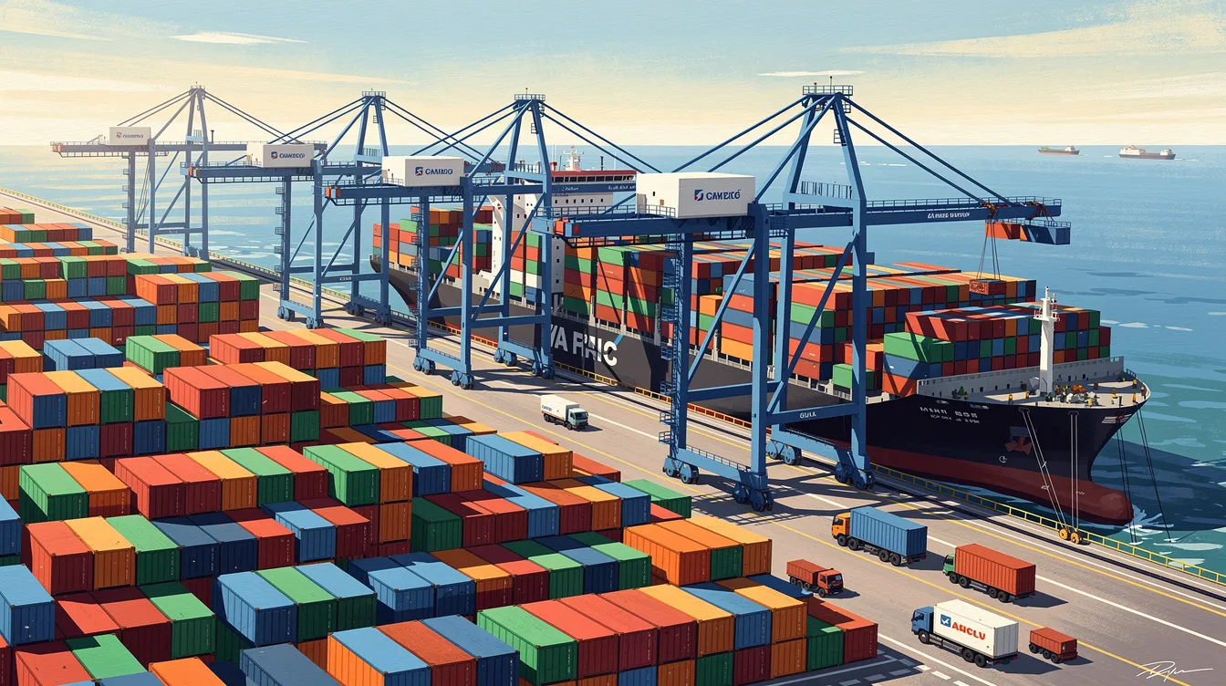 A container terminal with stacked shipping containers and gantry cranes loading a cargo ship.
