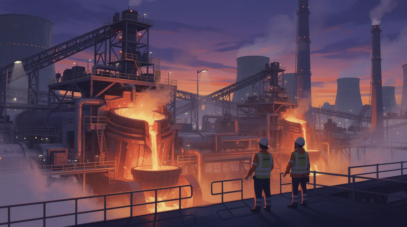 Workers in hi-vis watching molten metal pour at a nickel smelter at dusk.