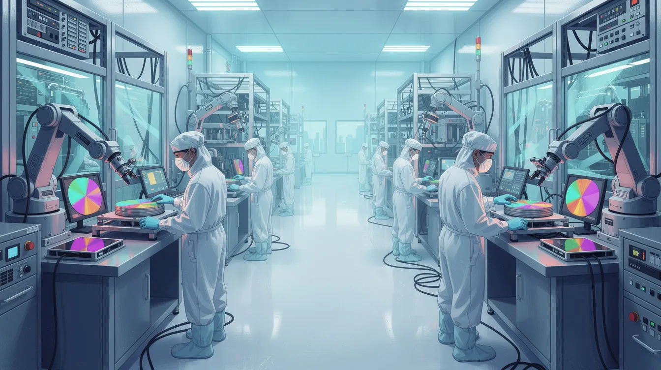 A semiconductor cleanroom with workers in white protective suits operating precision machines.