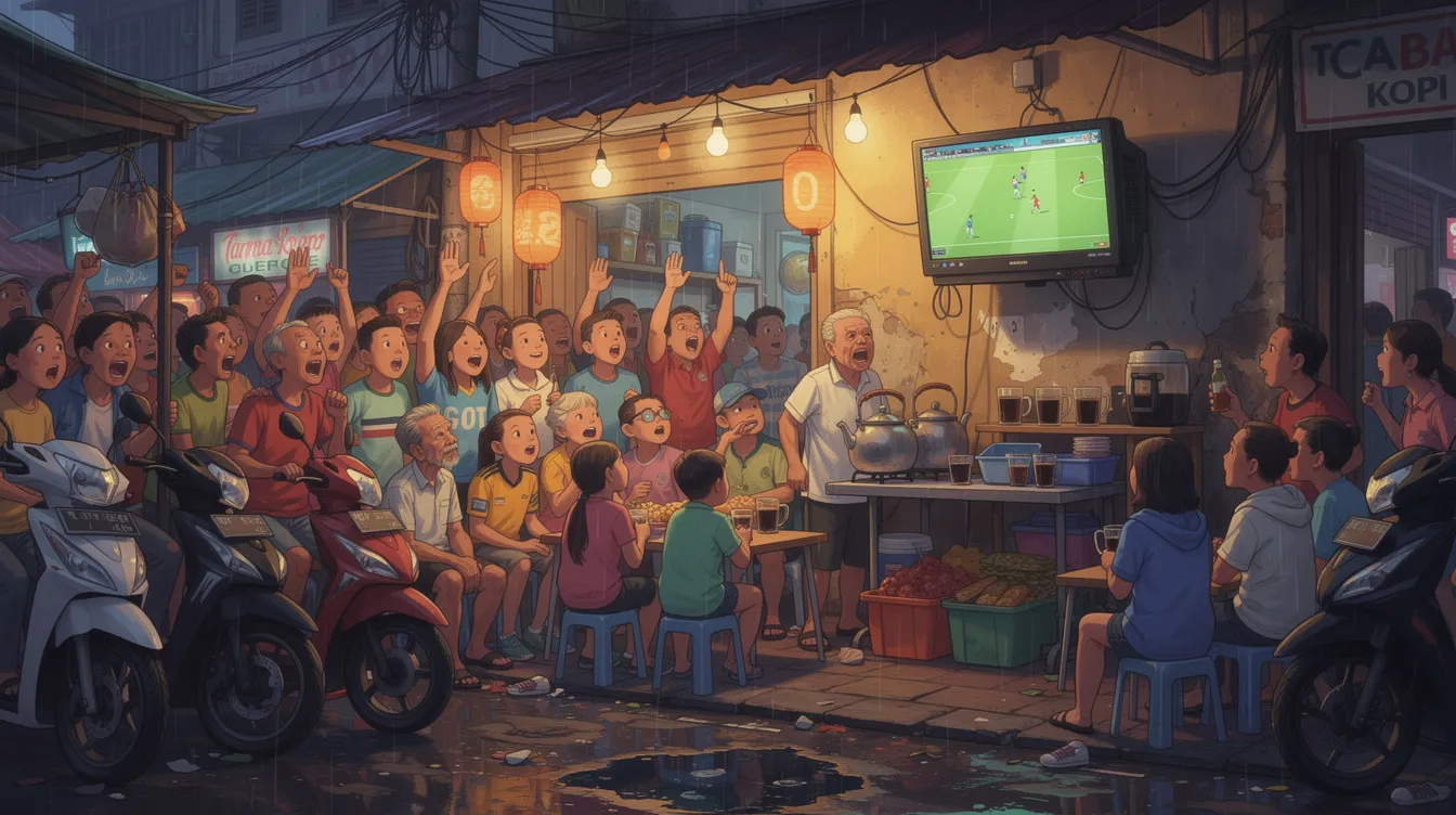 A crowd of fans watching a football match on a small TV at a Southeast Asian street-side coffee shop at night.