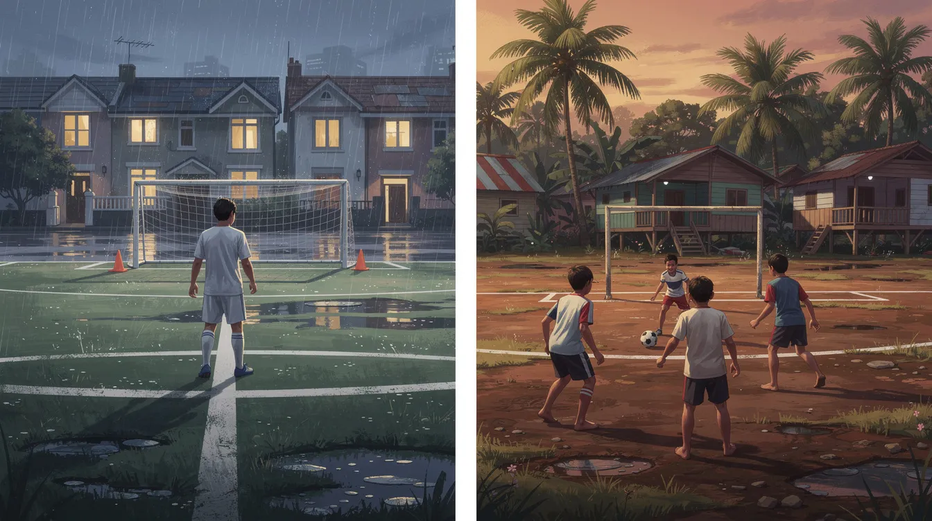 Split illustration: a young footballer training alone in a rainy European city on the left, children playing on a village pitch in Southeast Asia on the right, joined by a single pitch line.