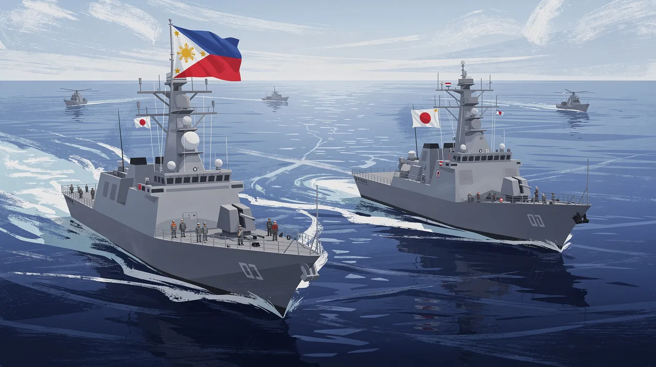 Philippine and Japanese coast guard vessels during a joint training exercise.