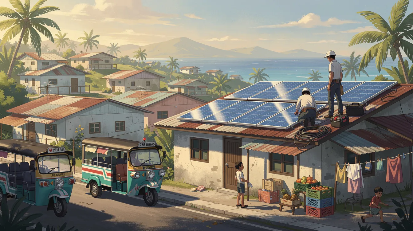 Workers from Solva Energy installing solar panels in Antipolo, Philippines.