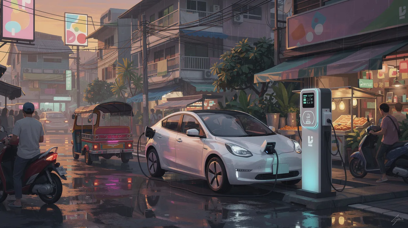 A BYD electric vehicle being charged at a public station in Bangkok.