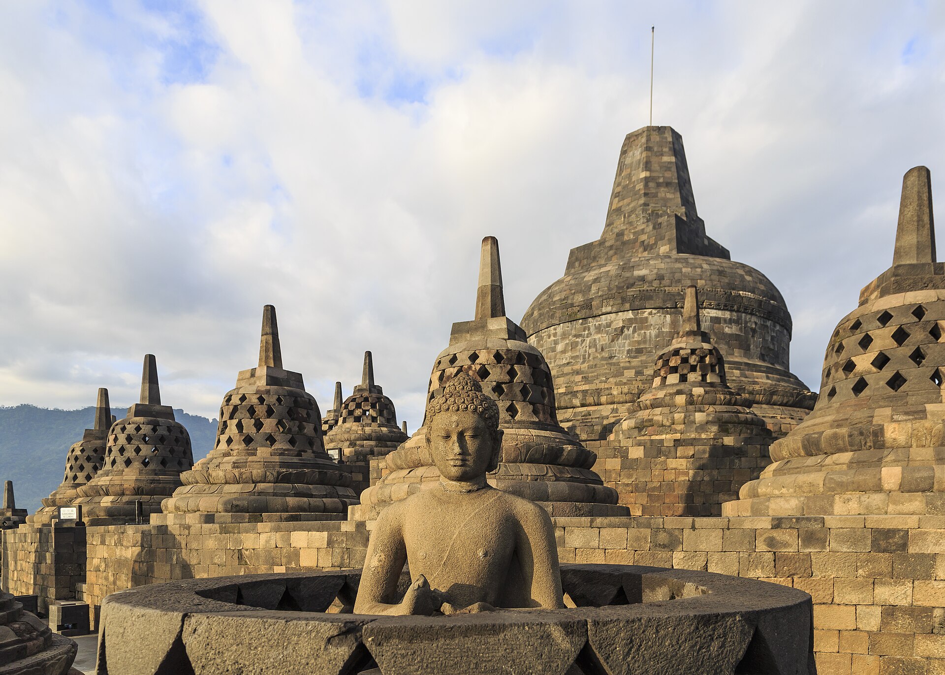 The breathtaking Borobudur Temple illuminated by the sunrise.